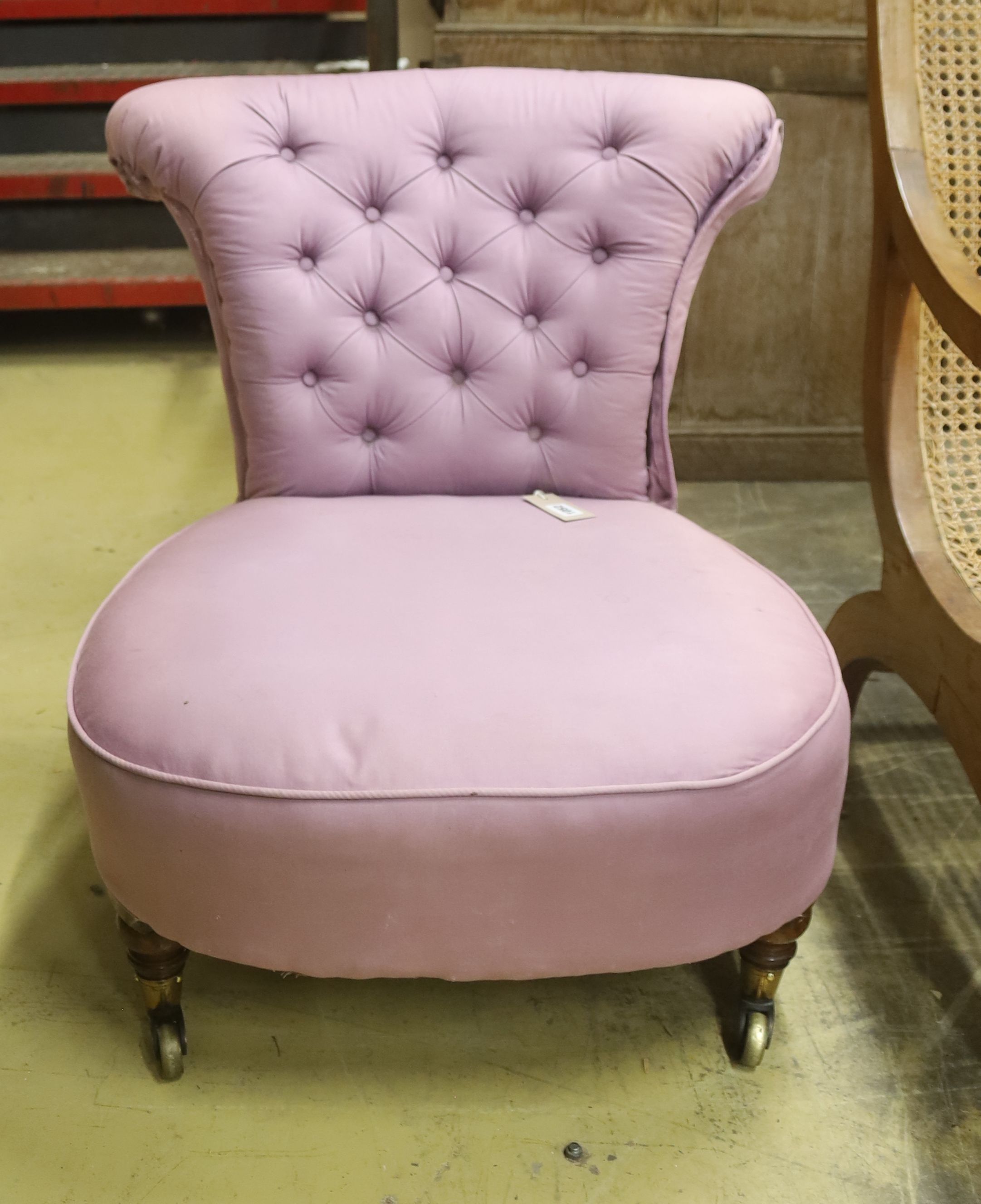 A Victorian R Hindley and Sons nursing chair, width 58cm, depth 60cm, height 68cm